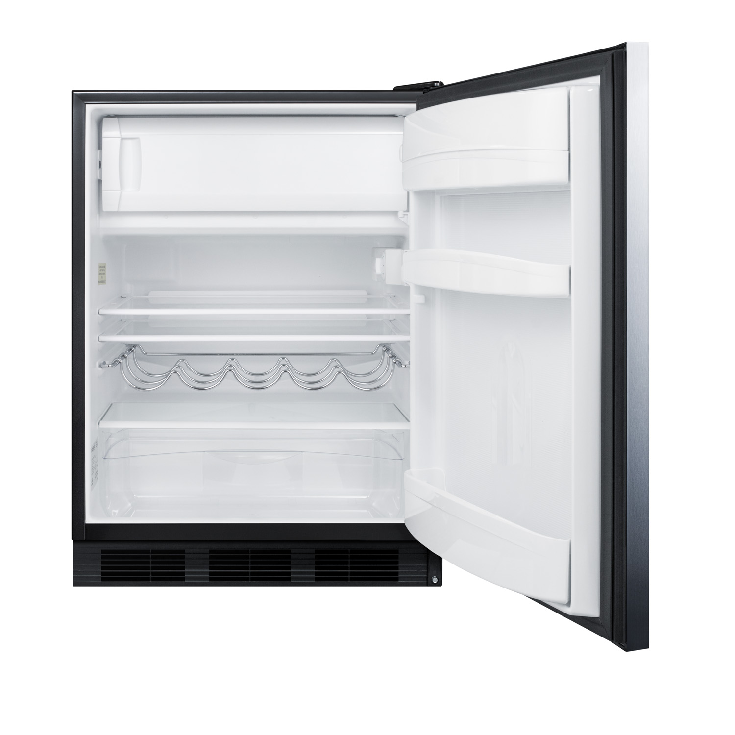Built-in undercounter refrigerator-freezer for residential use, cycle defrost with a stainless steel wrapped door, horizontal handle, and black cabinet